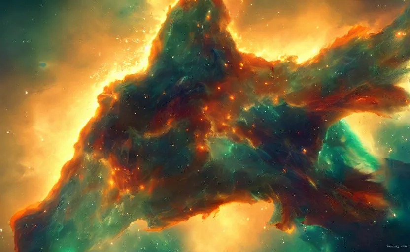 Image similar to a nebula in shape of a pheonix in space, artstation, cgsociety, highly detailed