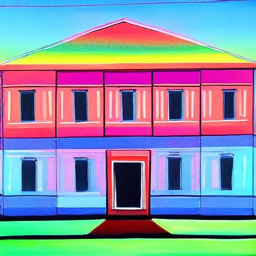Prompt: a beautiful painting of a building in a serene landscape, neon rainbow