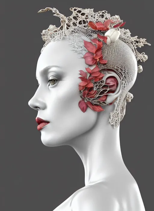 Image similar to complex 3d render ultra detailed of a beautiful porcelain profile woman face, mechanical cyborg, 150 mm, silver gold details, beautiful natural soft light, rim light, magnolia big leaves and stems, roots, fine foliage lace, mesh wire, intricate details, hyperrealistic, mandelbrot fractal, anatomical, red lips, Alexander McQueen haute couture, white metal armor, facial muscles, cable wires, microchip, elegant, octane render, H.R. Giger style, 8k