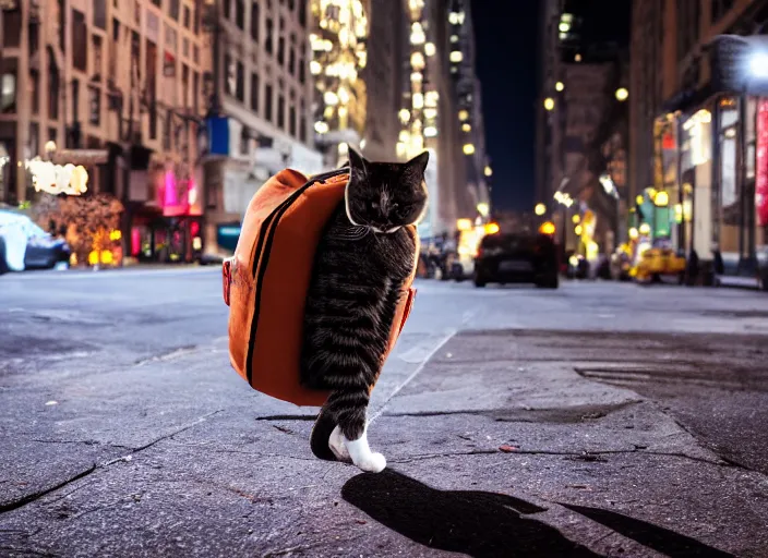 Image similar to photography of a Cat being carried in an half open backpack . in a new york street. award winning photo, led lighting, night, 130mm, sharp, high res