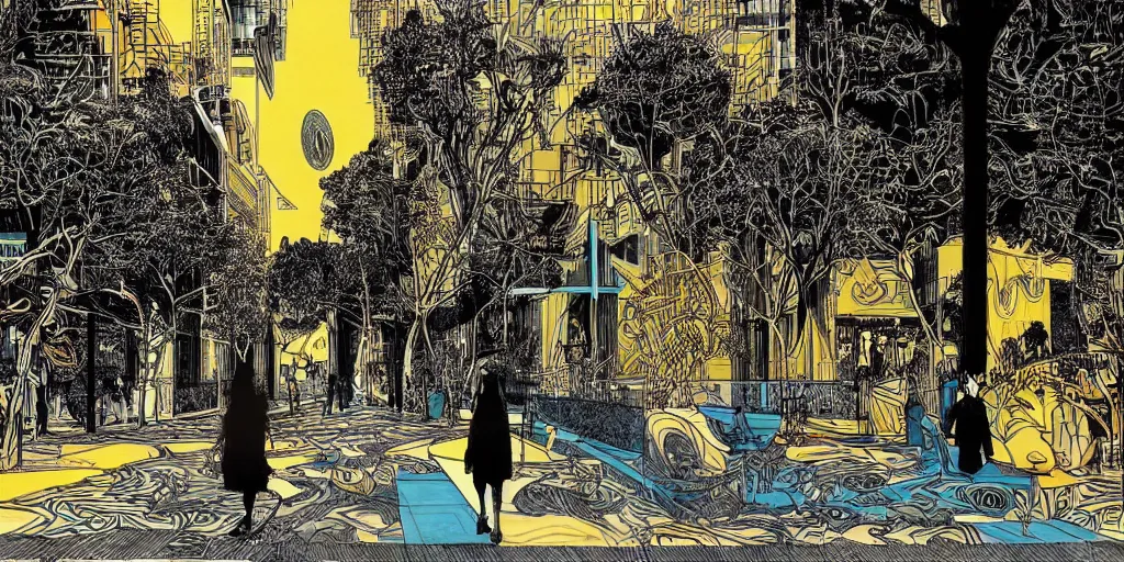 Prompt: masterpiece high contrast black, gold, teal, orange, ink drawing of woman walking in an afro futurist pedestrianized eco city block designed by by frank lloyd wright architect, plants and trees on walkways low buildings, green energy, bicycles,, bill sienkiewicz, giant agapanthus flower from buildings wide angle, insanely detailed and intricate