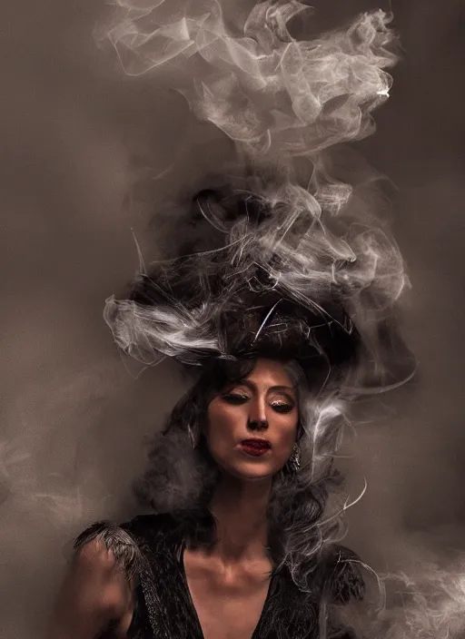 Image similar to a Photorealistic dramatic hyper realistic render of a glamorous Mexican Nahual smoke by Ken Brower and Deborah Ory, Lois Greenfield, Beautiful dynamic dramatic dark moody lighting, volumetric, shadows, cinematic atmosphere, Octane render, 8K