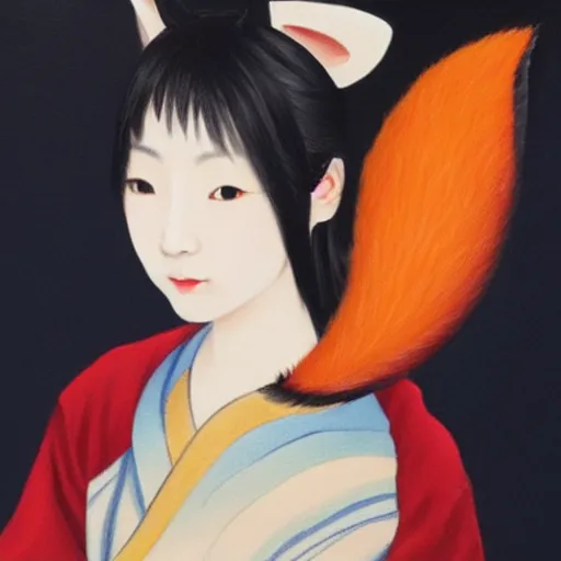 Prompt: a painting of a young Japanese woman with fox ears, realistic, beautiful