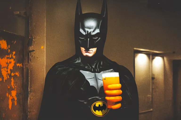 Image similar to batman covered in lots of orange juice offering free beer, chasing through old brown decrepit hallway, creepy smile, atmospheric eerie lighting, dim lighting, bodycam footage, motion blur, photography