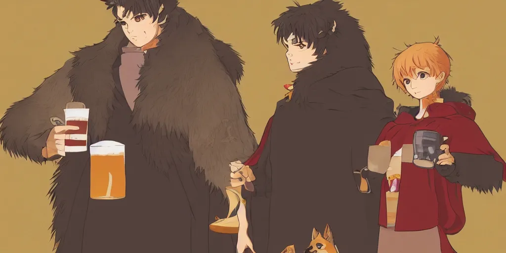 Image similar to a two german shepherds beast - men, holding a mug of beer, a lot of pockets, fur cape, tavern background, magical, bright, colorful, fantastic lighting, amazing details, 4 k uhd, illustration by hayao miyazaki and makoto shinkai and ilya kuvshinov, artstation, pixiv,