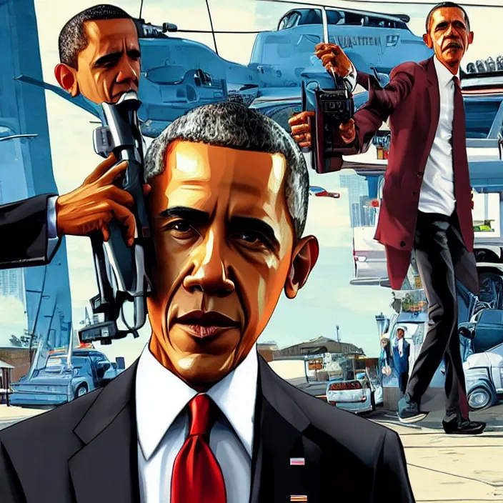 Prompt: Barack Obama in GTA V, Cover art by Stephen Bliss, Boxart, loading screen