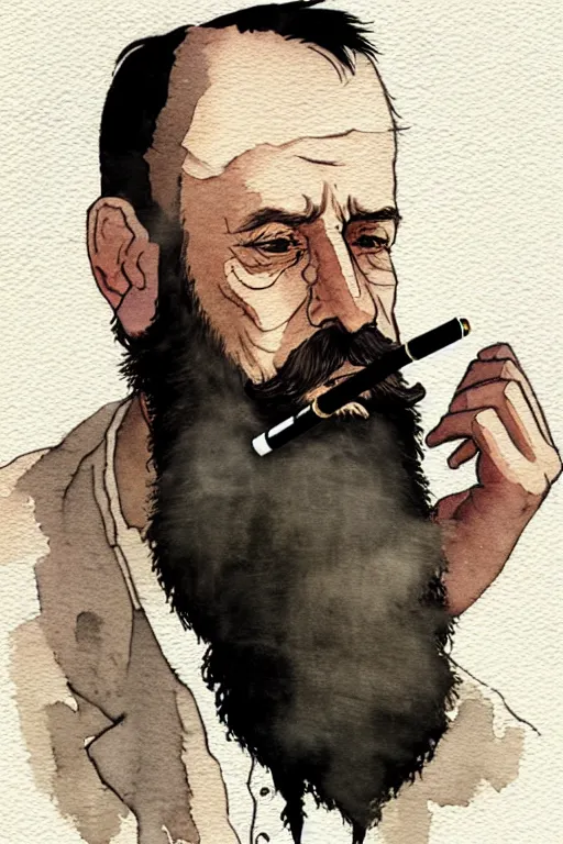 Prompt: portrait of a middle - aged writer with a beard, he is smoking a cigarette, watercolor style of greg rutkowski