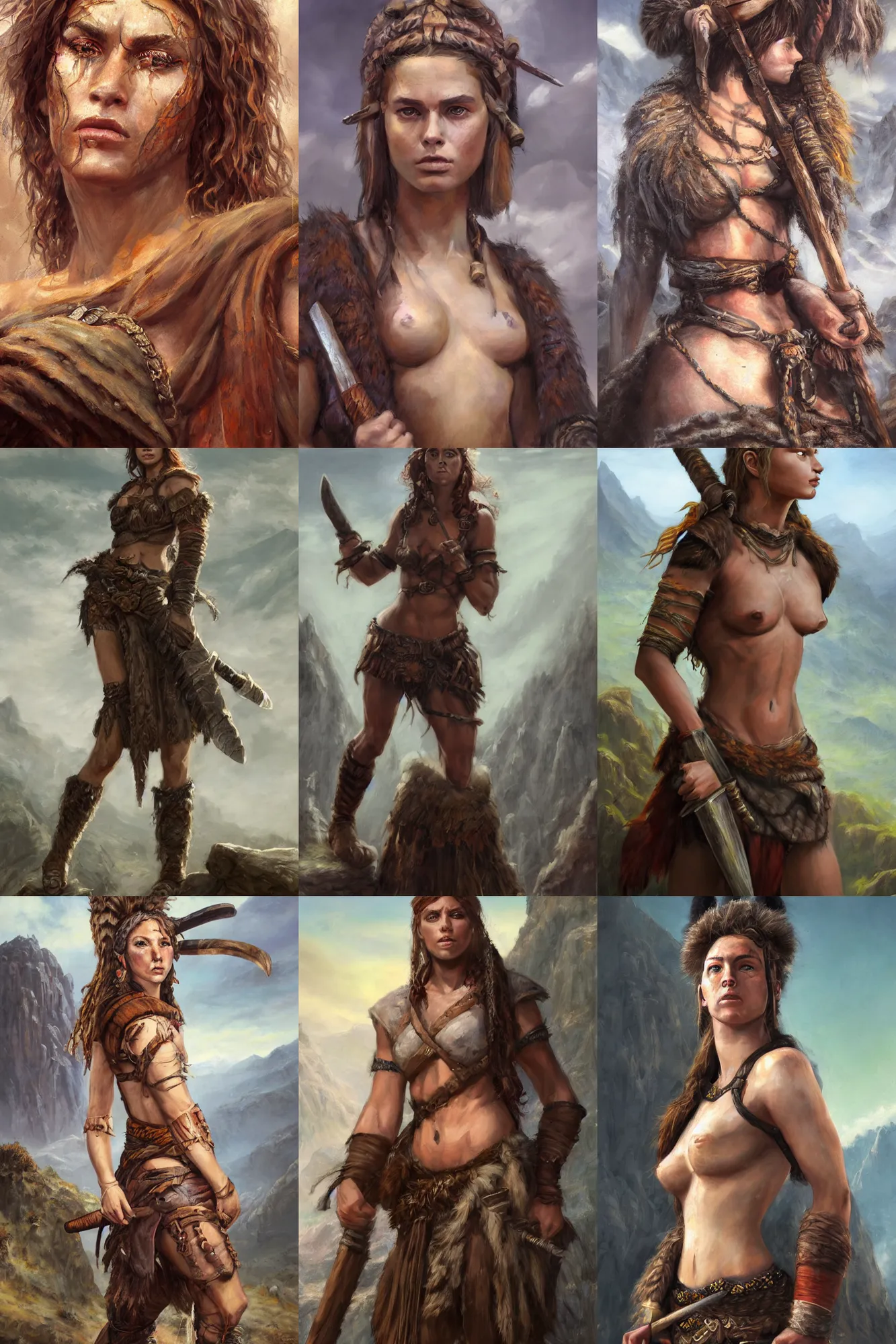 Image similar to a full body high detail fantasy portrait oil painting illustration of a beautiful young rugged stoic barbarian woman by justin sweet with face and body clearly visible, in a scenic background, pupils visible, realistic proportions, d & d, rpg, forgotten realms, artstation trending, high quality, sombre mood, artstation trending, muted colours, entire person visible!