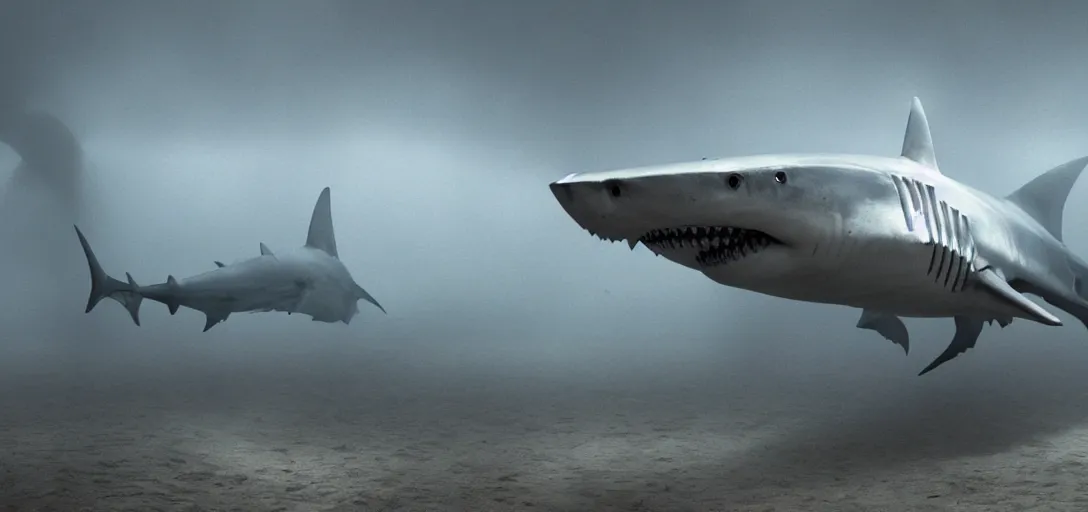 Image similar to a robotic shark painting portraits for a line of tourists, foggy, cinematic shot, photo still from movie by denis villeneuve, wayne barlowe