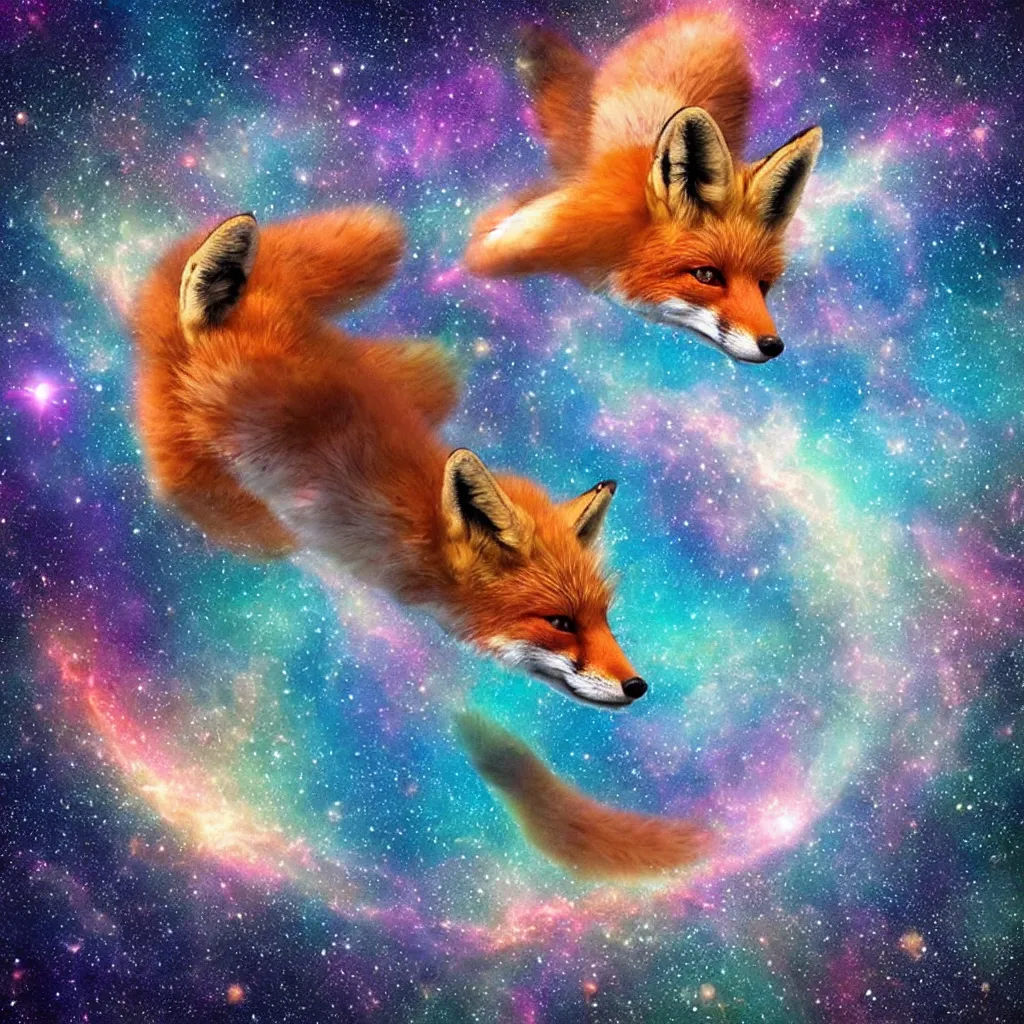 Image similar to a fox swimming in a lake in space staring up at a galaxy, realistic, colorful