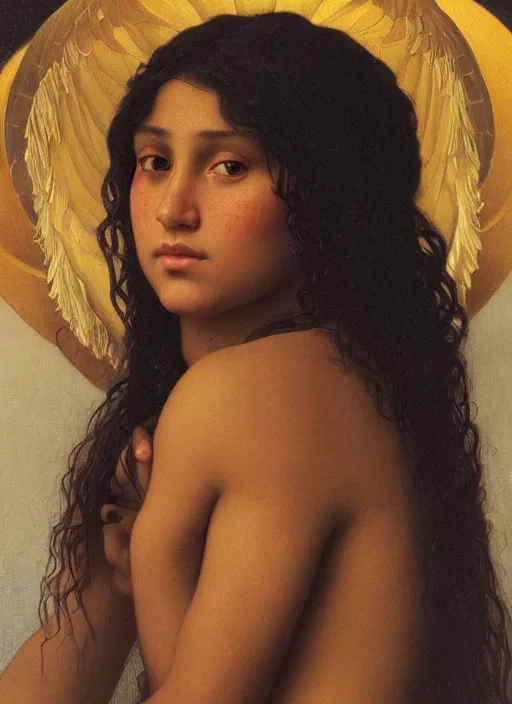 Prompt: portrait of beautiful young angelic Maori female model, with facial tattoo, golden hour lighting by William Adolphe Bouguereau