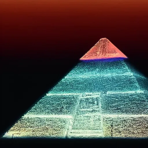 Image similar to a hologram of Kanye West projected on top of the Great Pyramids of Giza at night.