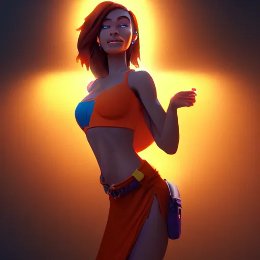 Prompt: upper body illustration of a beautiful latin girl, brown skin, orange hair, small waist, she wears a pretty miniskirt, mattepainting concept blizzard pixar maya engine on stylized background splash comics global illumination lighting artstation, sharp focus, epic, elegant greg rutkowski