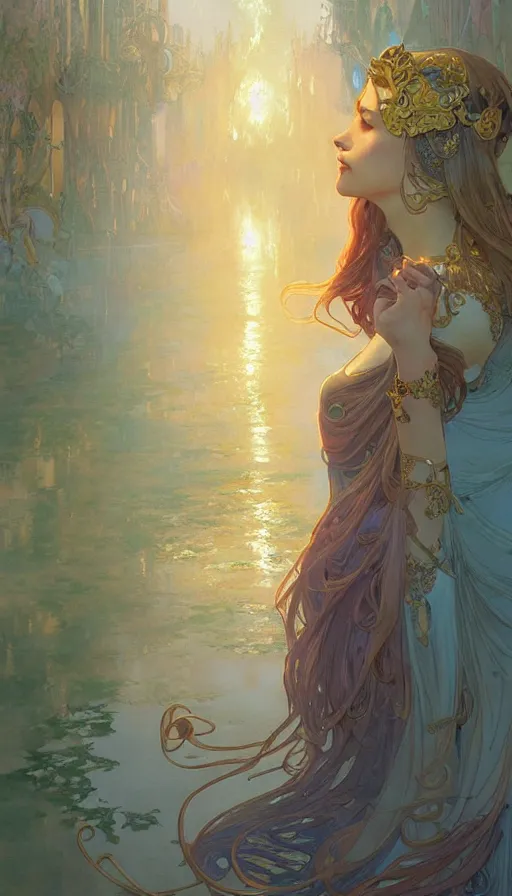 Prompt: an angle, highly detailed,, gold filigree, romantic storybook fantasy, soft cinematic lighting, award, disney concept art watercolor illustration by mandy jurgens and alphonse mucha and alena aenami, pastel color palette, featured on artstation