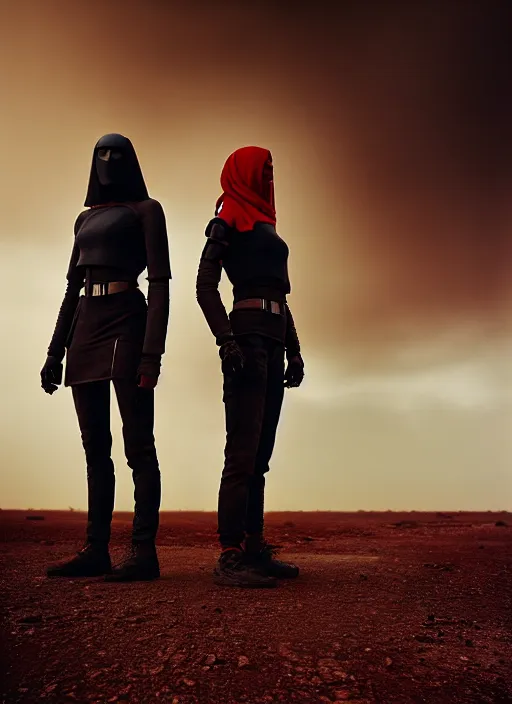 Image similar to cinestill 5 0 d photographic portrait by steve mccurry of two loving female androids wearing rugged black techwear on a desolate plain with a red sky in front of a brutalist structure, extreme closeup, cyberpunk style, dust storm, 8 k, hd, high resolution, 3 5 mm, f / 3 2, ultra realistic faces, ex machina