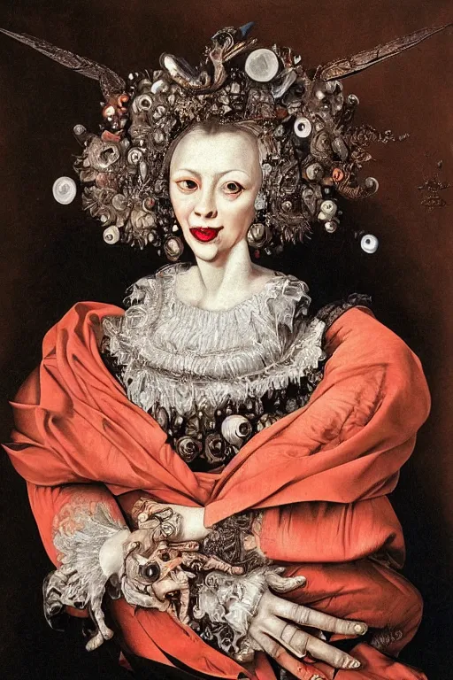 Image similar to Detailed maximalist portrait with large lips and with large eyes, huge smile, teeth, exasperated expression, HD mixed media, 3D collage, highly detailed and intricate illustration in the style of Caravaggio, dark art, baroque