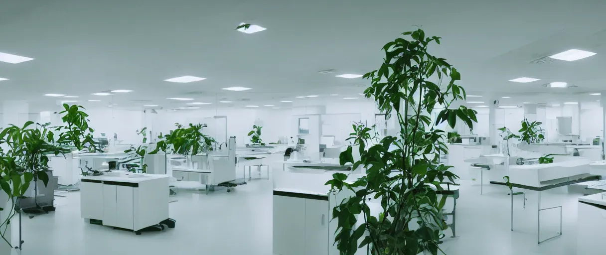 Prompt: movie still 4 k uhd 3 5 mm film color photograph of a clean white futuristic minimal biology lab full of plants