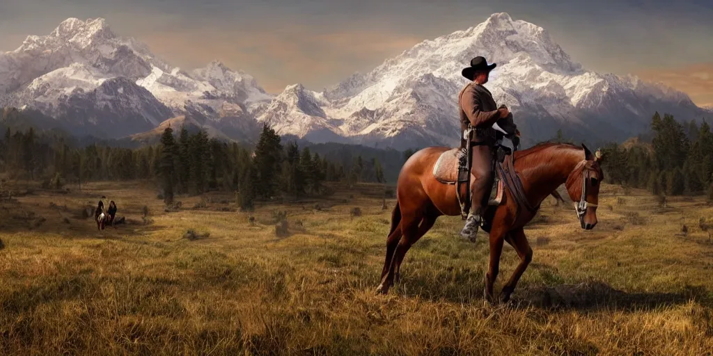 Prompt: still of a man riding a horse into an old west town surrounded by farmland and woods, snow capped mountains in the background, 4 k, realistic, very beautiful, digital art, elegant, highly detailed