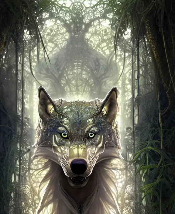 Prompt: simplicity ornate opulent transparent clear see - through portrait of a terrifying beautiful male alien wolf, mottled coloring, adorable, childlike, overgrown jungle environment, ultra realistic, concept art, art nouveau, photorealistic, octane render, 8 k, unreal engine. art by christopher marley and artgerm and greg rutkowski and alphonse mucha