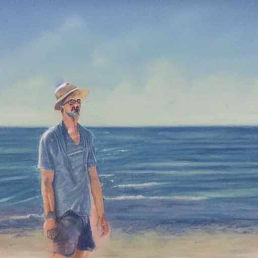 Prompt: a man named Luke harrington who lives on Ocracoke island staring at the ocean, photorealistic