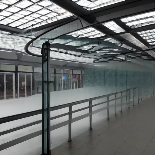 Prompt: an empty train station mezzanines made of frosted glass