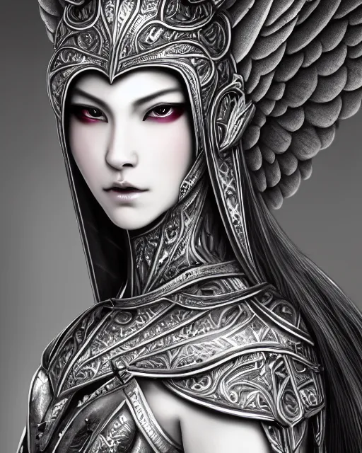 Prompt: Detailed portrait of the strangest angel, black and white armor!!, unique design, by Yun Taek Oh, fine details, pretty face, beautiful violet eyes, inside a palace, perfect, colorful background!!!, 8k high detail, intricate, sharp focus, masterpiece, trending on artstation