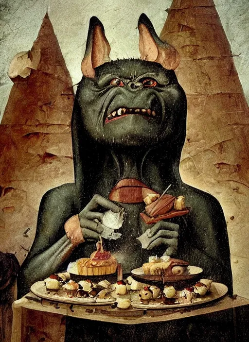 Image similar to medieval goblin eating cakes painted by hieronymus bosch, detailed digital art, trending on Artstation