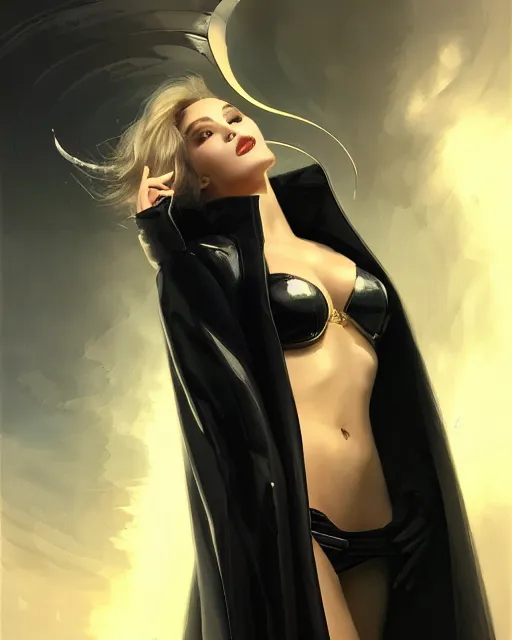 Prompt: detailed portrait of beautiful lady in black coat, seductive confident pose, attractive feminine curves, intricate, futuristic, elegant cape, elegant, photorealism, trending on artstation, holy halo, advanced technology, art by moebius and vitaly bulgarov and peter mohrbacher