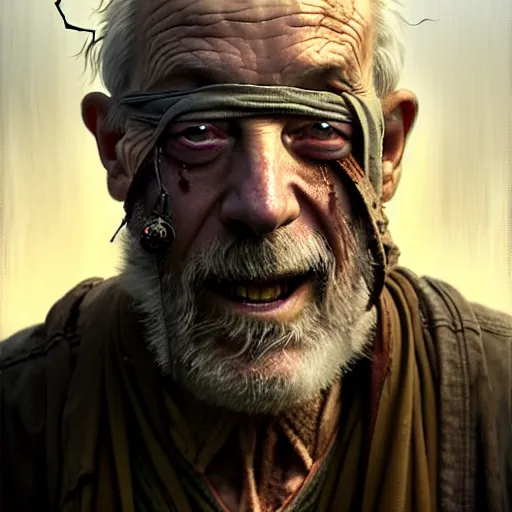 Image similar to portrait painting of a post - apocalyptic older american man blindfolded and wearing ruined monk garbs, ultra realistic, concept art, intricate details, eerie, highly detailed, photorealistic, octane render, 8 k, unreal engine. art by artgerm and greg rutkowski and charlie bowater and magali villeneuve and alphonse mucha