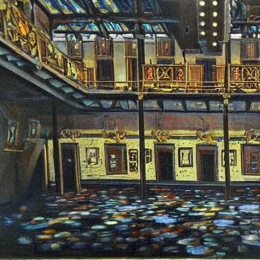 Image similar to high quality, high detail painting, dutch masterpiece, fluxus, film noir, ernst haekl, empty theater stage in las pozas with quetzalcoatl at night, hd, muted lighting