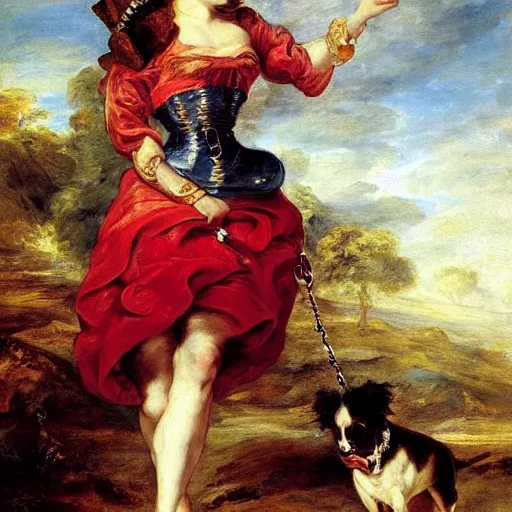 Image similar to heavenly summer sharp land sphere scallop well dressed lady walking her chiwawa on a leash auslese, by peter paul rubens and eugene delacroix and karol bak, hyperrealism, digital illustration, fauvist, chiwawa on a leash