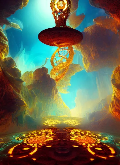 Image similar to flowers within the whole infinite capsule apparent with awe the apparition, an idea seep's into infinity highly detailed in volumetric latent space, golden turquoise steampunk, high contrast cinematic light, mystical shadows, sharp focus, divine realm of gods, octane render, artist by boris vallejo,