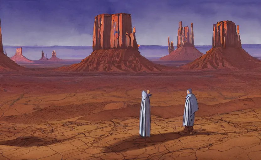 Image similar to a hyperrealist watercolor concept art of a sci - fi futurist metropolis in monument valley. a medieval monk in grey robes is in the foreground. golden hour. very muted colors, by rebecca guay, michael kaluta, charles vess. high detail, hq, wide shot, 4 k