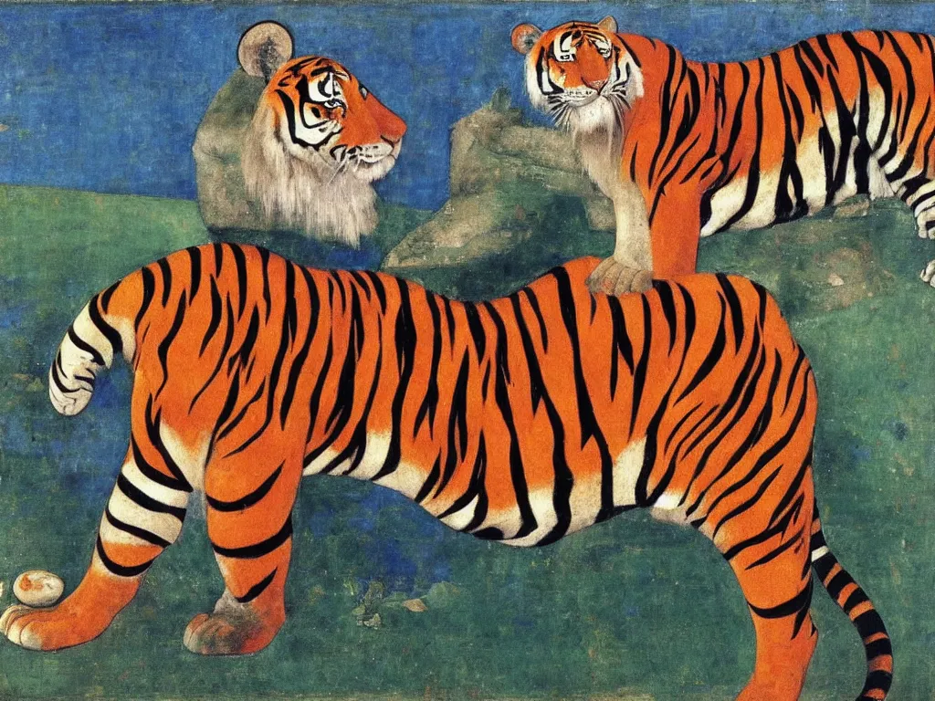 Image similar to portrait of a tiger. lapis lazuli, malachite, cinnabar, gold. painting by piero della francesca, balthus, agnes pelton