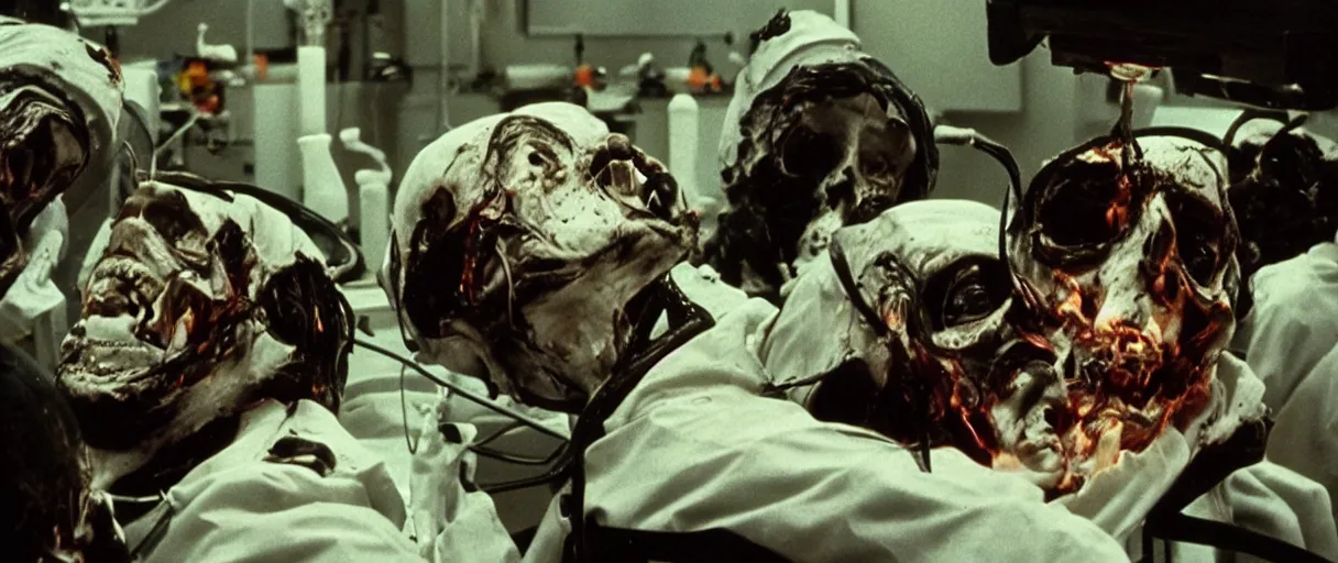 Image similar to filmic closeup dutch angle movie still 4k UHD 35mm film color photograph of 3 doctors burning alive inside of a science lab, melted and charred flesh, screaming in agony, in the style of a 1980s horror film