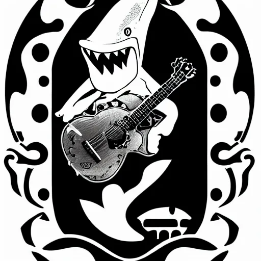 Prompt: Shark and guitar, roses and coins on the background logo, black and white