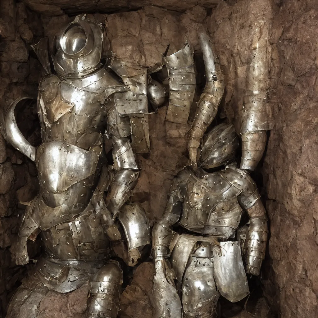 Prompt: archeological discovery in a hidden castle room of a perfectly preserved suit of armor that looks like an anthro fox