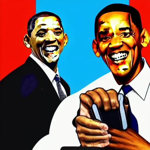 Image similar to will smith slapping obama with a black flip flop, digital art in the style of gta 5 cover art