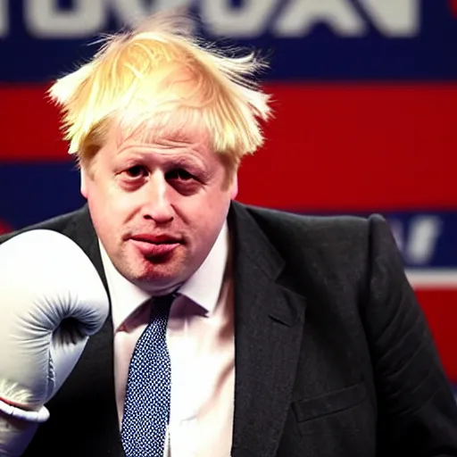 Image similar to boris johnson losing a boxing match, with a bleeding lip and broken nose