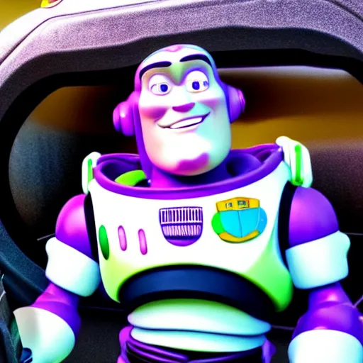 Prompt: a photograph of buzz lightyear in the Back of a police car