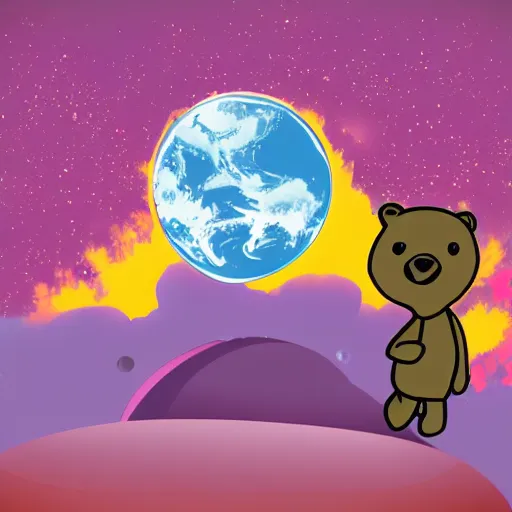 Image similar to cartoon illustration of a bear mascot being launched from a futuristic marble planet, purple and orange cloudland