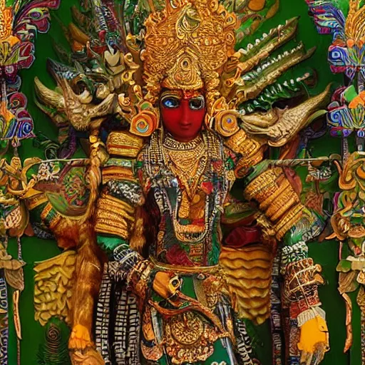 Image similar to a woman wearing an armor and head - dress. the armor and head - dress is made out of the colors, textures and sculptures of the meenakshi temple in madurai. intricate. detailed.