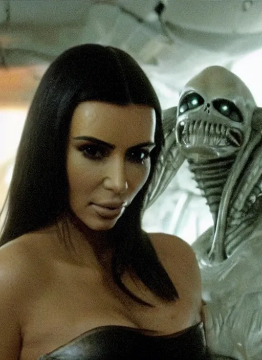 Image similar to movie still of kim kardashian wearing a alien face hugger mask, in the movie alien. cinematic shot.