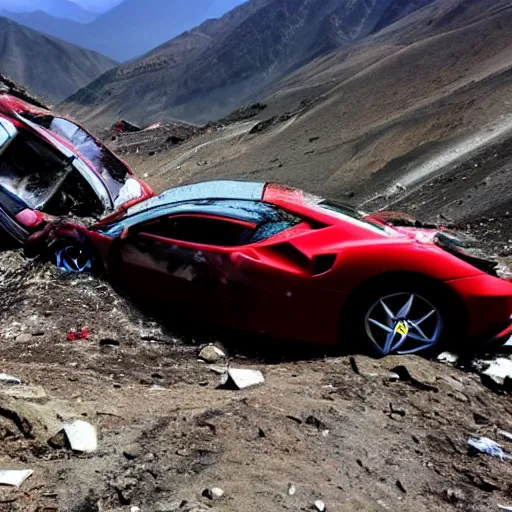 Image similar to crashed ferrari, 3 model lines on top of mount everest