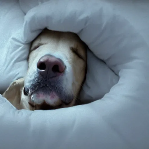 Image similar to close - up of a dog sleeping in a bed made of clouds, cinematic shot, photo still from movie by denis villeneuve