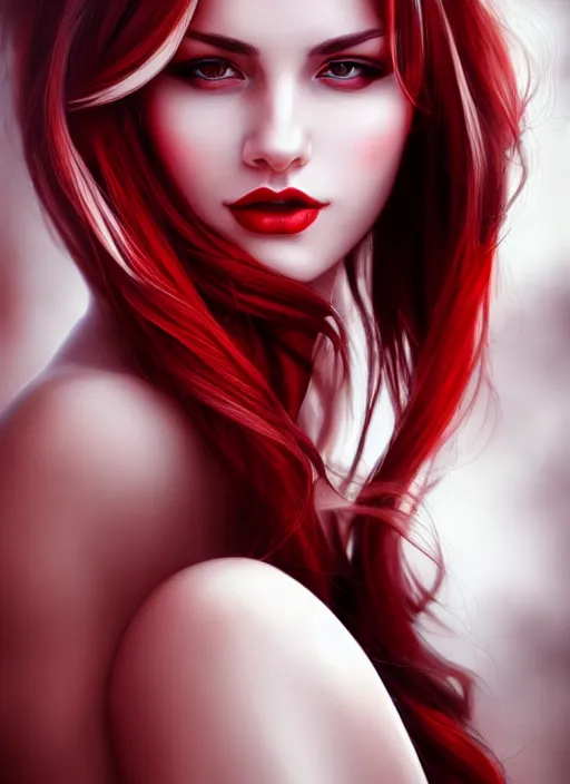 Image similar to photo of gorgeous woman with red and white ombre in the style of stefan kostic, realistic, half body shot, sharp focus, 8 k high definition, insanely detailed, intricate, elegant, art by stanley lau and artgerm, foggy backgeound