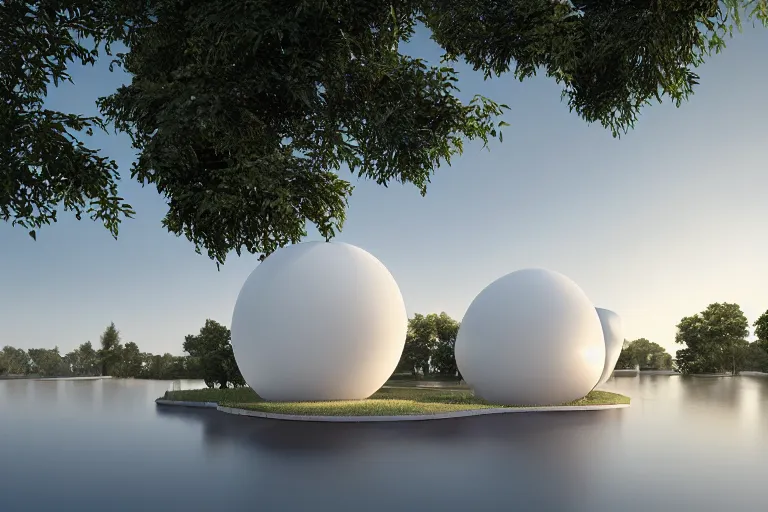 Image similar to a building composed of many white spherical egg shaped circular spaces and boolean combinations stacked together. on the calm lake, people's perspective modern curved architecture, future, wood, marble, metal award winning, highly detailed 4 k art, dusk, unreal engine highly rendered, global illumination, radial light, internal environment by kazuyo sejima