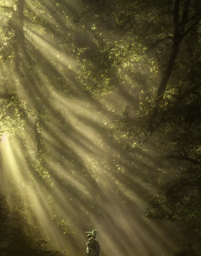 Prompt: an ancient greek statue lost in a gigantic forest by ivan dedov, painting, cinematography, epic lighting, volumetric, fog, god rays