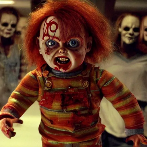 Prompt: Chucky the killer doll from the movie Child's Play surrounded by zombies in a still from the movie Dawn of the Dead 8k hdr