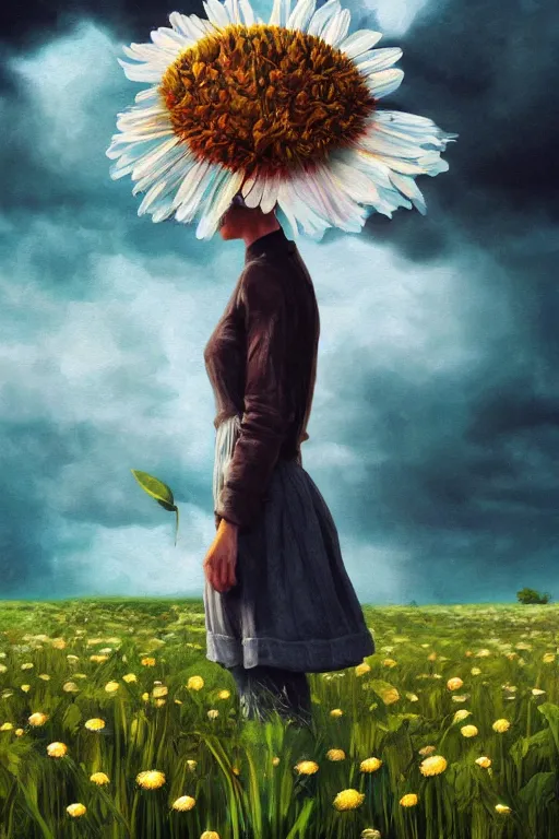 Image similar to closeup, girl with giant daisy flower head, between monsteras, surreal photography, wind and cold, dramatic sky, impressionist painting, digital painting, artstation, simon stalenhag